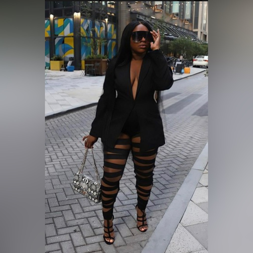 Black 2 pc blazer jacket and pants with slits